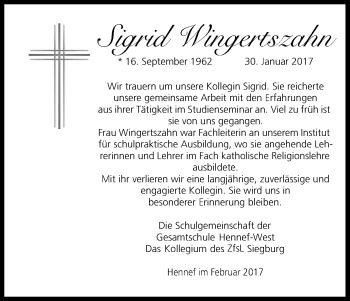 Anzeige von Sigrid Wingertszahn von Kölner Stadt-Anzeiger / Kölnische Rundschau / Express
