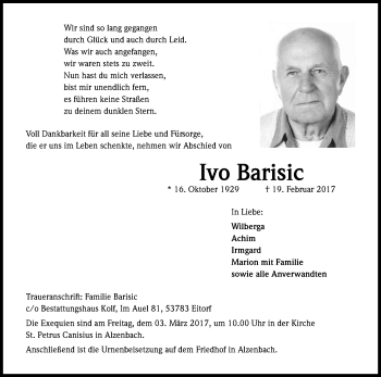 Anzeige von Ivo Barisic von Kölner Stadt-Anzeiger / Kölnische Rundschau / Express