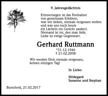 Anzeige von Gerhard Ruttmann von Kölner Stadt-Anzeiger / Kölnische Rundschau / Express
