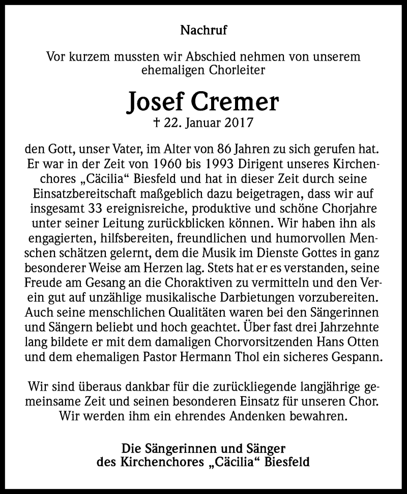  Traueranzeige für Josef Cremer vom 18.02.2017 aus Kölner Stadt-Anzeiger / Kölnische Rundschau / Express