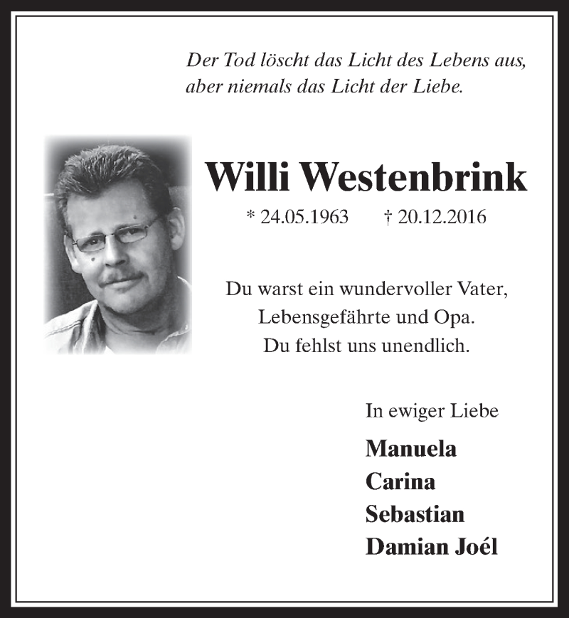  Traueranzeige für Willi Westenbrink vom 11.02.2017 aus  Sonntags-Post 