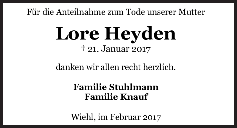  Traueranzeige für Lore Heyden vom 22.02.2017 aus  Anzeigen Echo 