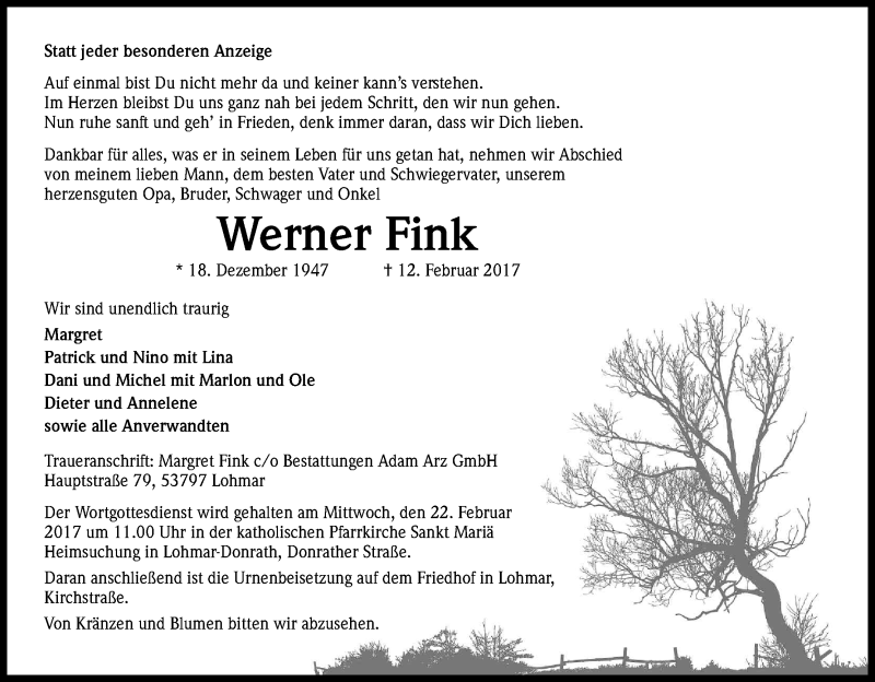  Traueranzeige für Werner Fink vom 18.02.2017 aus Kölner Stadt-Anzeiger / Kölnische Rundschau / Express