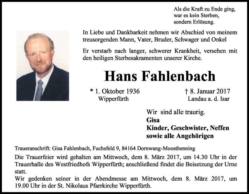  Traueranzeige für Hans Fahlenbach vom 15.02.2017 aus Kölner Stadt-Anzeiger / Kölnische Rundschau / Express