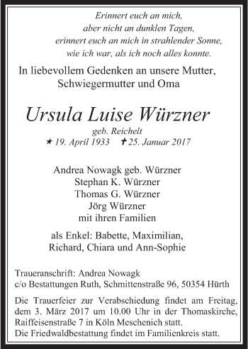 Anzeige von Ursula Luise Würzner von  Schlossbote/Werbekurier 