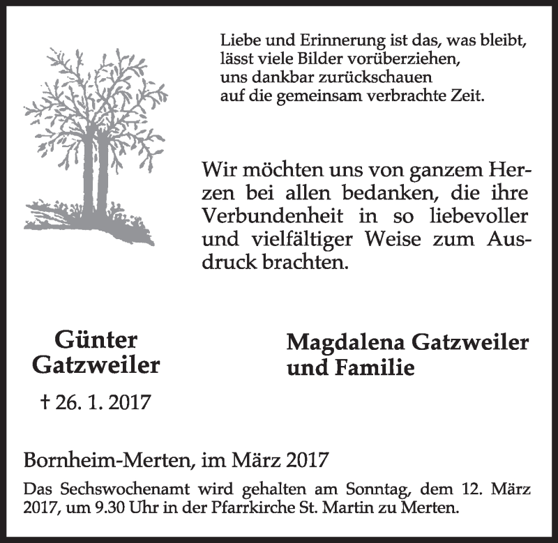  Traueranzeige für Günter Gatzweiler vom 01.03.2017 aus  Schlossbote/Werbekurier 