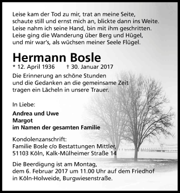 Anzeige von Hermann Bosle von Kölner Stadt-Anzeiger / Kölnische Rundschau / Express