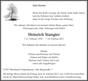 Anzeige von Heinrich Stangier von  Lokalanzeiger 