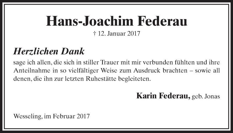  Traueranzeige für Hans-Joachim Federau vom 15.02.2017 aus  Schlossbote/Werbekurier 
