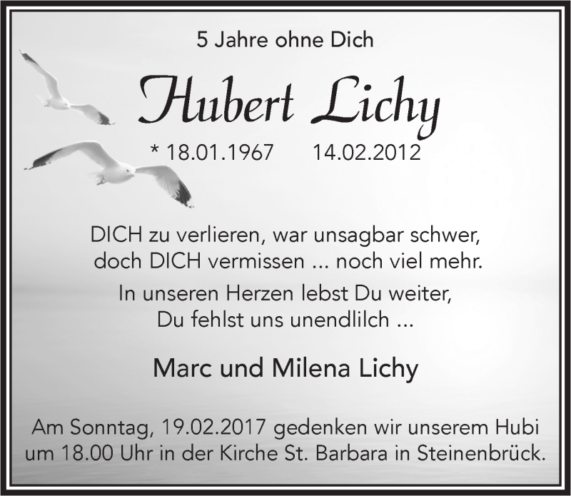  Traueranzeige für Hubert Lichy vom 15.02.2017 aus  Bergisches Handelsblatt 