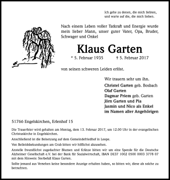 Anzeige von Klaus Garten von Kölner Stadt-Anzeiger / Kölnische Rundschau / Express