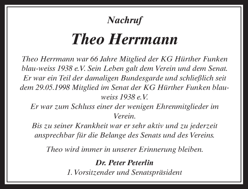  Traueranzeige für Theo Herrmann vom 01.03.2017 aus  Wochenende 