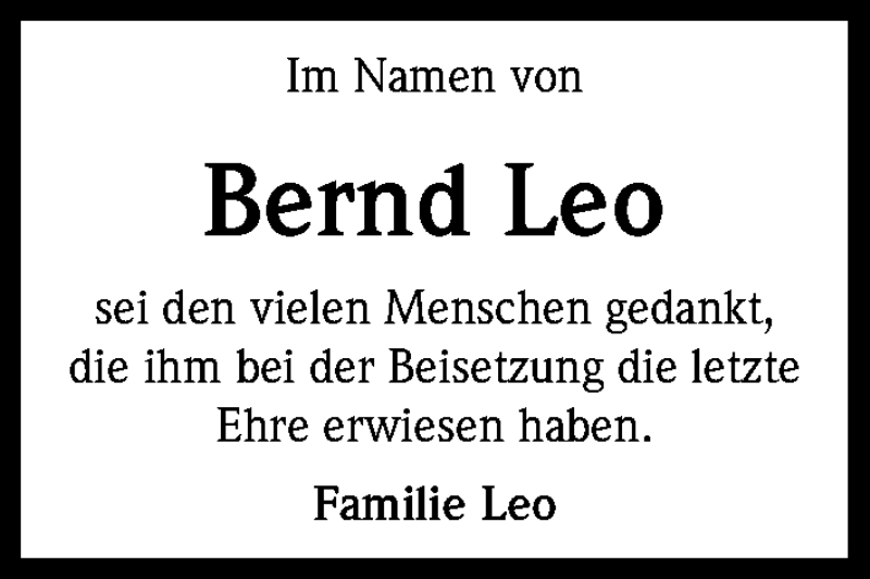 Traueranzeige für Bernd Leo vom 25.02.2017 aus Kölner Stadt-Anzeiger / Kölnische Rundschau / Express
