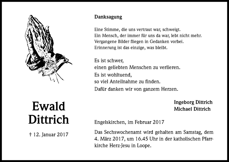  Traueranzeige für Ewald Dittrich vom 18.02.2017 aus Kölner Stadt-Anzeiger / Kölnische Rundschau / Express
