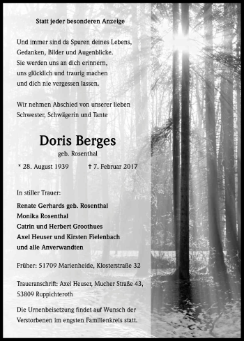 Anzeige von Doris Berges von Kölner Stadt-Anzeiger / Kölnische Rundschau / Express