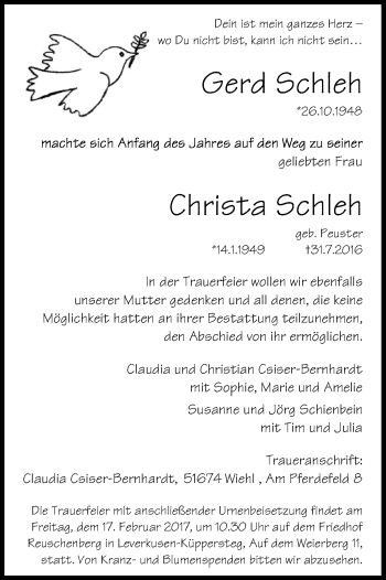 Anzeige von Christa und Gerd Schleh von Kölner Stadt-Anzeiger / Kölnische Rundschau / Express