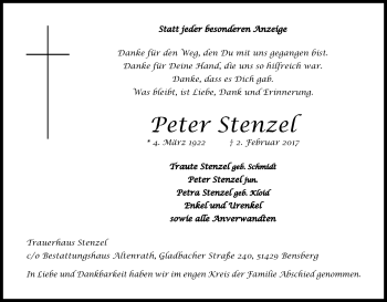 Anzeige von Peter Stenze von Kölner Stadt-Anzeiger / Kölnische Rundschau / Express
