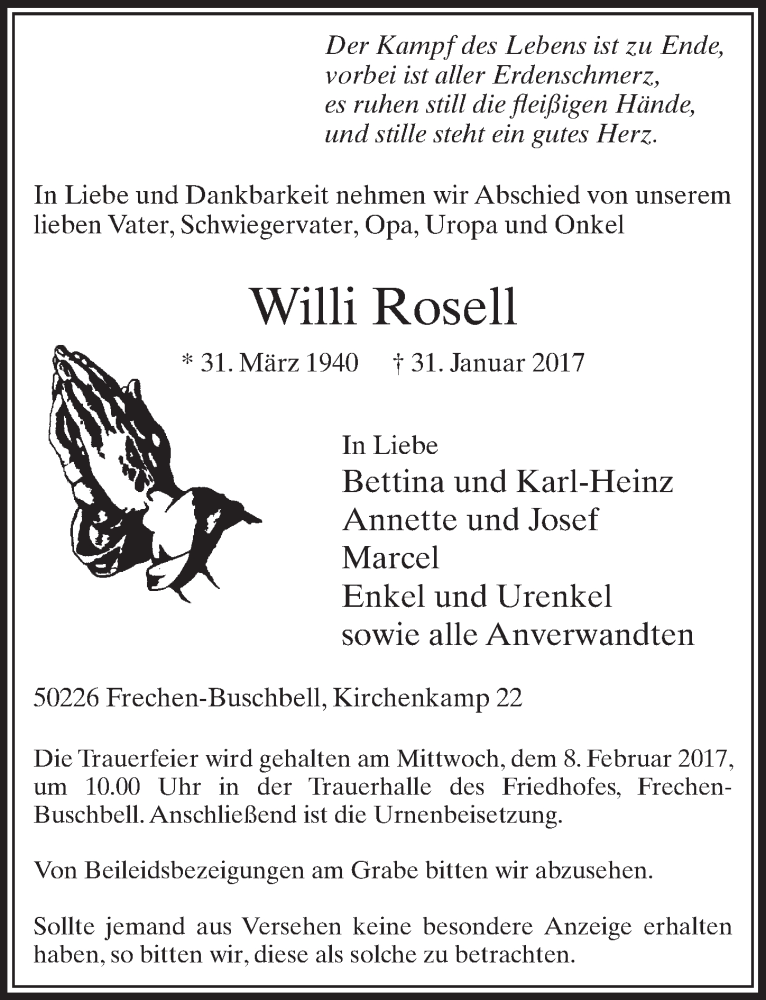  Traueranzeige für Willi Rosell vom 04.02.2017 aus  Sonntags-Post 