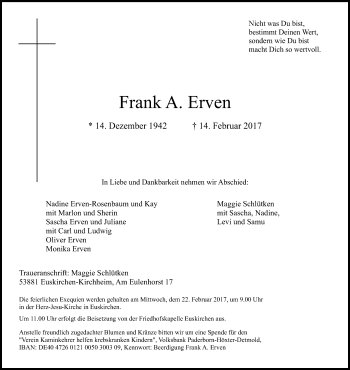 Anzeige von Frank A. Erven von Kölner Stadt-Anzeiger / Kölnische Rundschau / Express