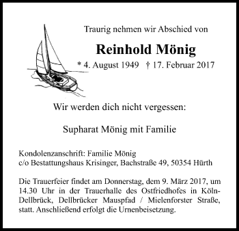 Anzeige von Reinhold Mönig von Kölner Stadt-Anzeiger / Kölnische Rundschau / Express