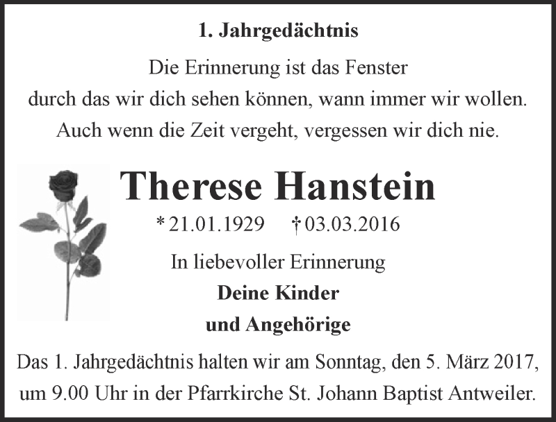  Traueranzeige für Therese Hanstein vom 25.02.2017 aus  Blickpunkt Euskirchen 