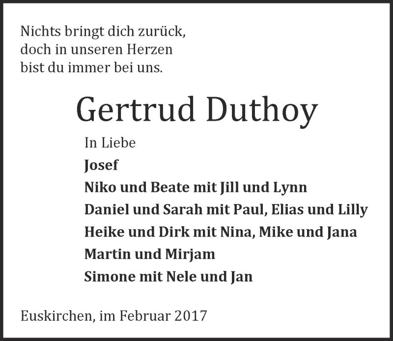  Traueranzeige für Gertrud Duthoy vom 04.02.2017 aus  Blickpunkt Euskirchen 