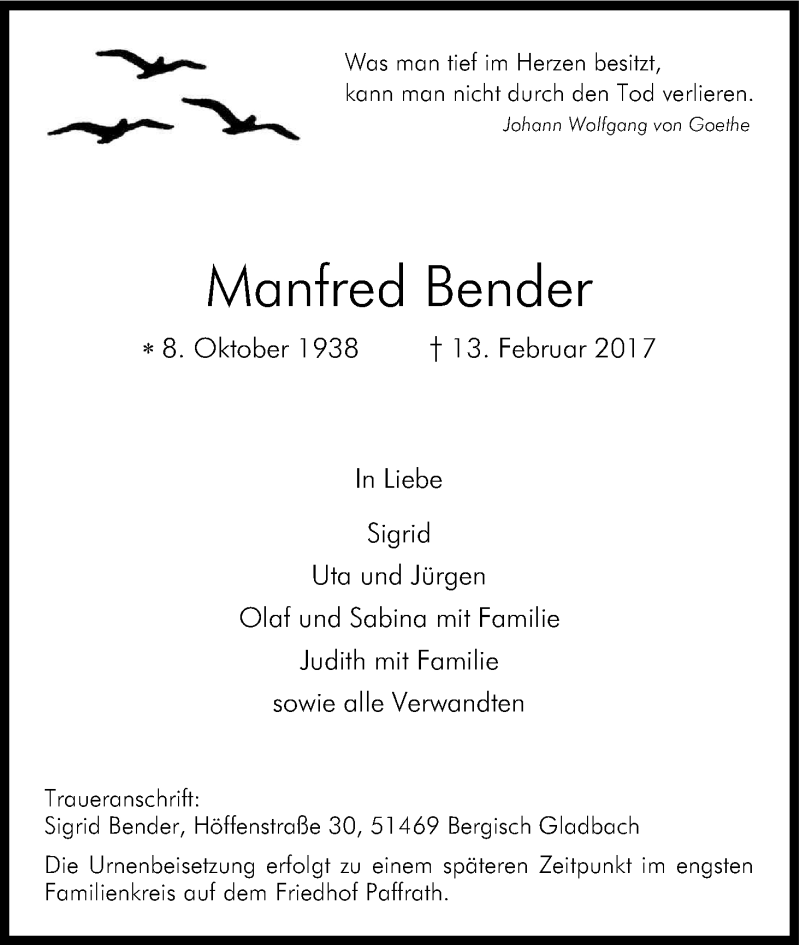  Traueranzeige für Manfred Bender vom 18.02.2017 aus Kölner Stadt-Anzeiger / Kölnische Rundschau / Express
