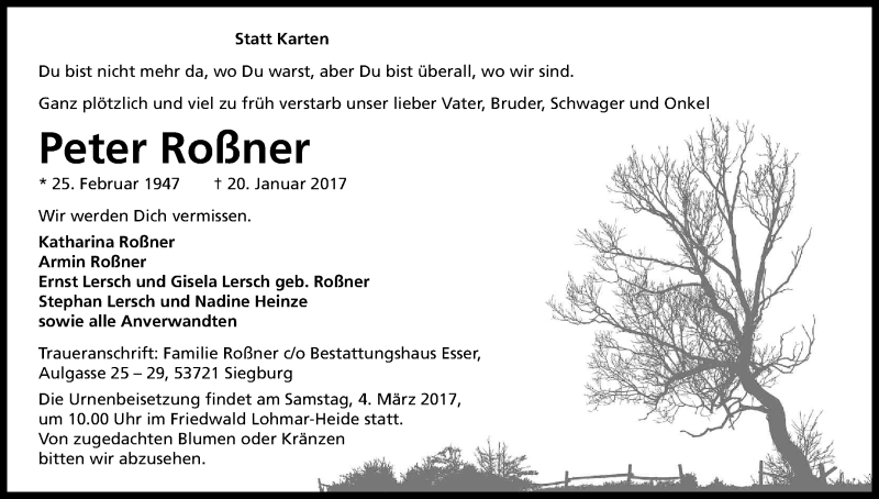  Traueranzeige für Peter Roßner vom 22.02.2017 aus Kölner Stadt-Anzeiger / Kölnische Rundschau / Express