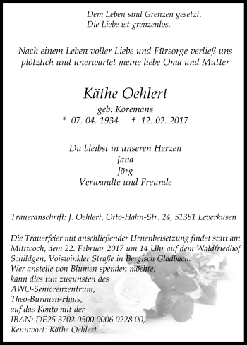 Anzeige von Käthe Oehlert von Kölner Stadt-Anzeiger / Kölnische Rundschau / Express