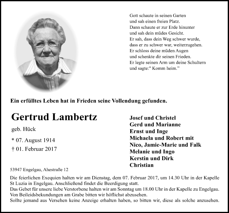  Traueranzeige für Gertrud Lambertz vom 04.02.2017 aus  Blickpunkt Euskirchen 