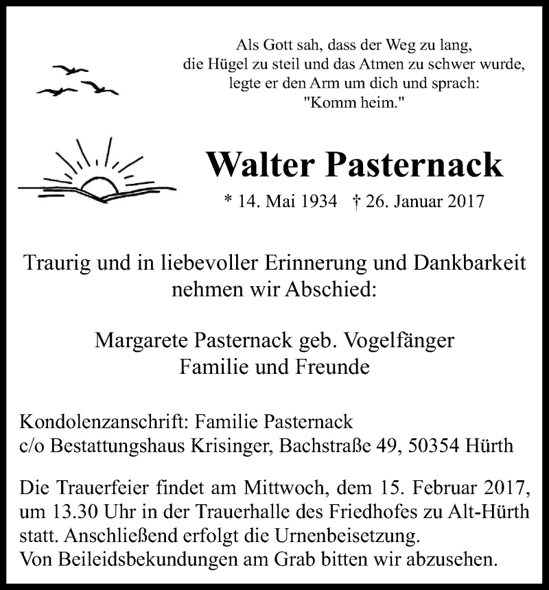  Traueranzeige für Walter Pasternack vom 11.02.2017 aus Kölner Stadt-Anzeiger / Kölnische Rundschau / Express