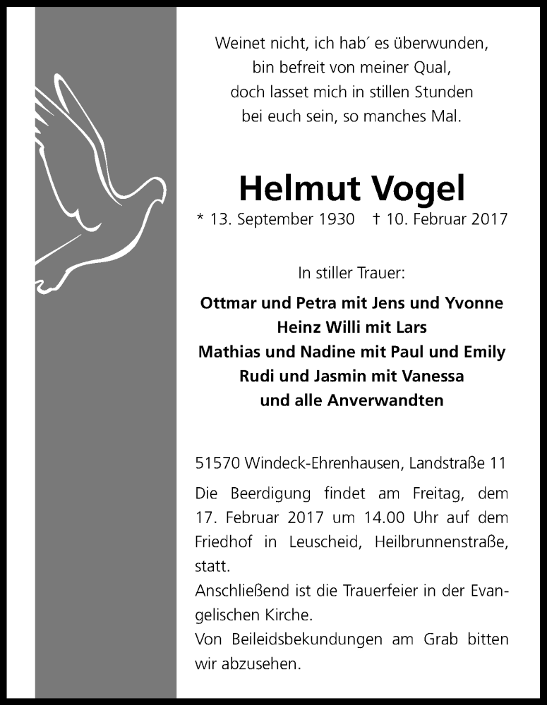  Traueranzeige für Helmut Vogel vom 14.02.2017 aus Kölner Stadt-Anzeiger / Kölnische Rundschau / Express