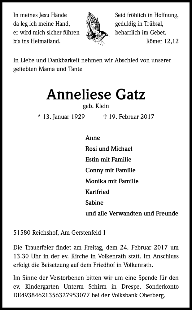  Traueranzeige für Anneliese Gatz vom 22.02.2017 aus Kölner Stadt-Anzeiger / Kölnische Rundschau / Express