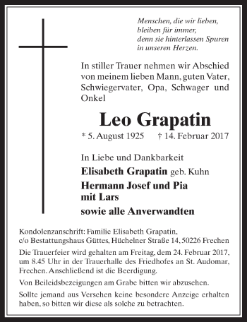 Anzeige von Leo Grapatin von  Wochenende 
