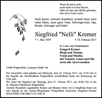 Anzeige von Siegfried Kremer von Kölner Stadt-Anzeiger / Kölnische Rundschau / Express