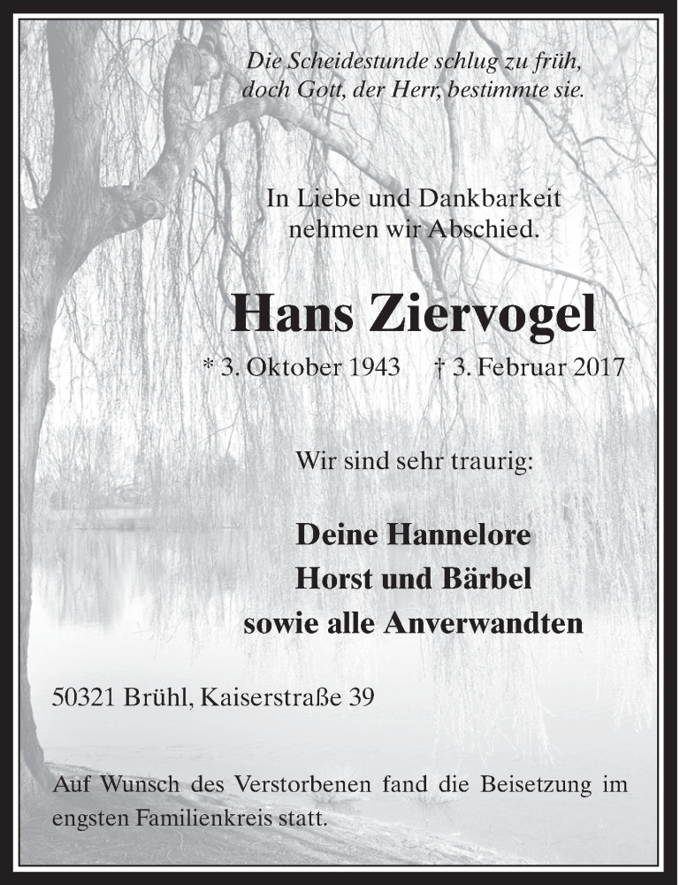  Traueranzeige für Hans Ziervogel vom 15.02.2017 aus  Schlossbote/Werbekurier 