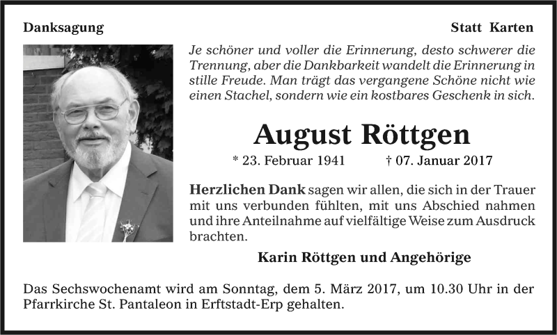  Traueranzeige für August Röttgen vom 18.02.2017 aus Kölner Stadt-Anzeiger / Kölnische Rundschau / Express