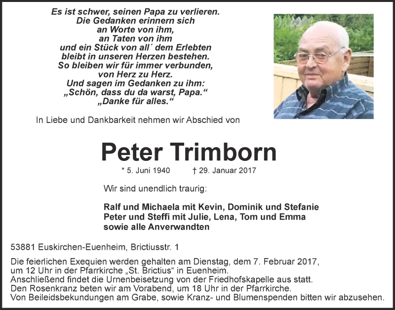  Traueranzeige für Peter Trimborn vom 04.02.2017 aus  Blickpunkt Euskirchen 