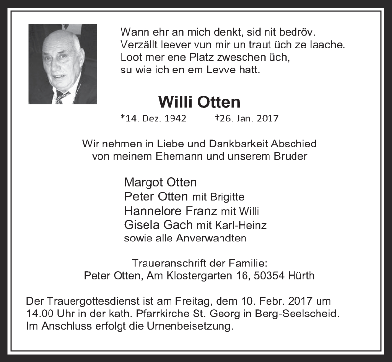  Traueranzeige für Willi Otten vom 08.02.2017 aus  Wochenende 