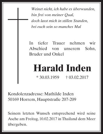 Anzeige von Harald Inden von  Wochenende 
