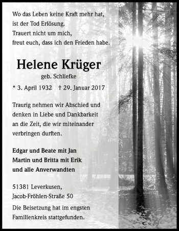 Anzeige von Helene Krüger von Kölner Stadt-Anzeiger / Kölnische Rundschau / Express