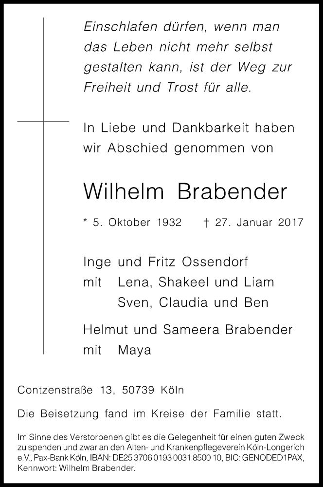  Traueranzeige für Wilhelm Brabender vom 18.02.2017 aus Kölner Stadt-Anzeiger / Kölnische Rundschau / Express