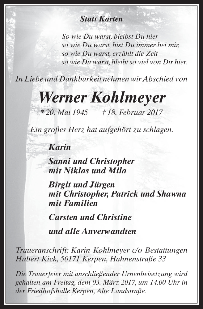  Traueranzeige für Werner Kohlmeyer vom 01.03.2017 aus  Werbepost 