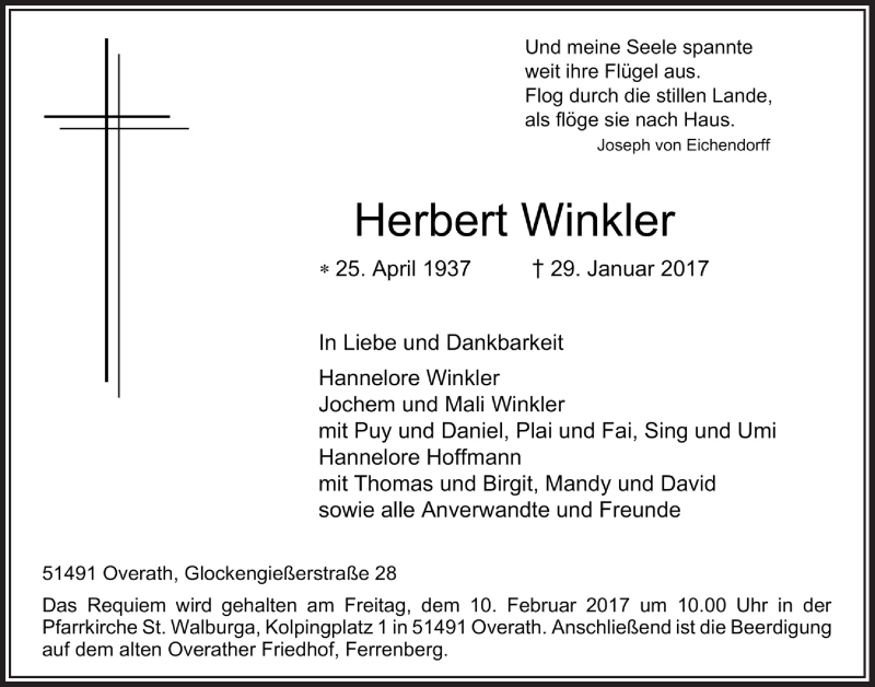  Traueranzeige für Herbert Winkler vom 04.02.2017 aus  Bergisches Sonntagsblatt 