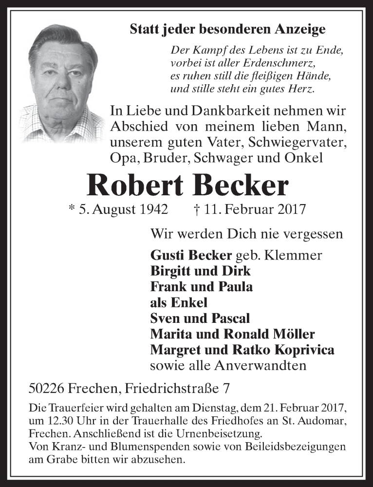  Traueranzeige für Robert Becker vom 15.02.2017 aus  Wochenende 