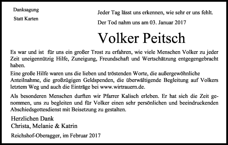  Traueranzeige für Volker Peitsch vom 18.02.2017 aus Kölner Stadt-Anzeiger / Kölnische Rundschau / Express
