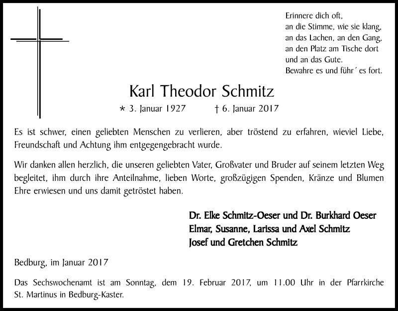  Traueranzeige für Karl Theodor Schmitz vom 11.02.2017 aus Kölner Stadt-Anzeiger / Kölnische Rundschau / Express