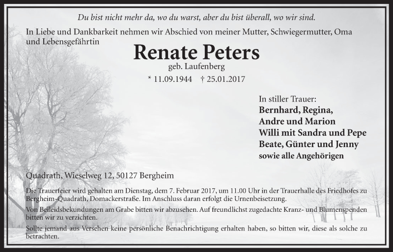  Traueranzeige für Renate Peters vom 04.02.2017 aus  Sonntags-Post 