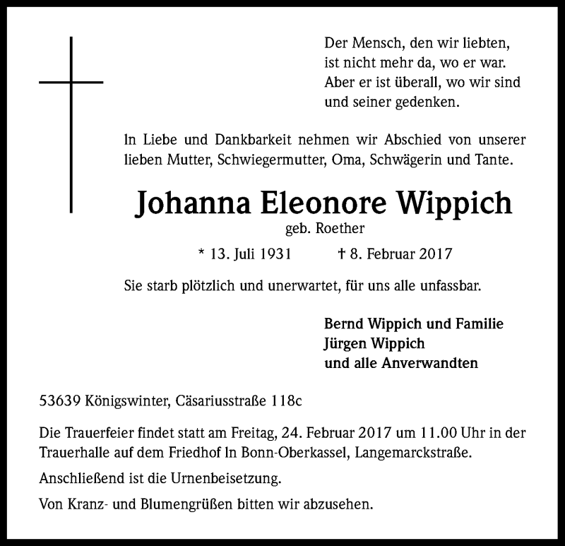  Traueranzeige für Johanna Eleonore Wippich vom 18.02.2017 aus Kölner Stadt-Anzeiger / Kölnische Rundschau / Express