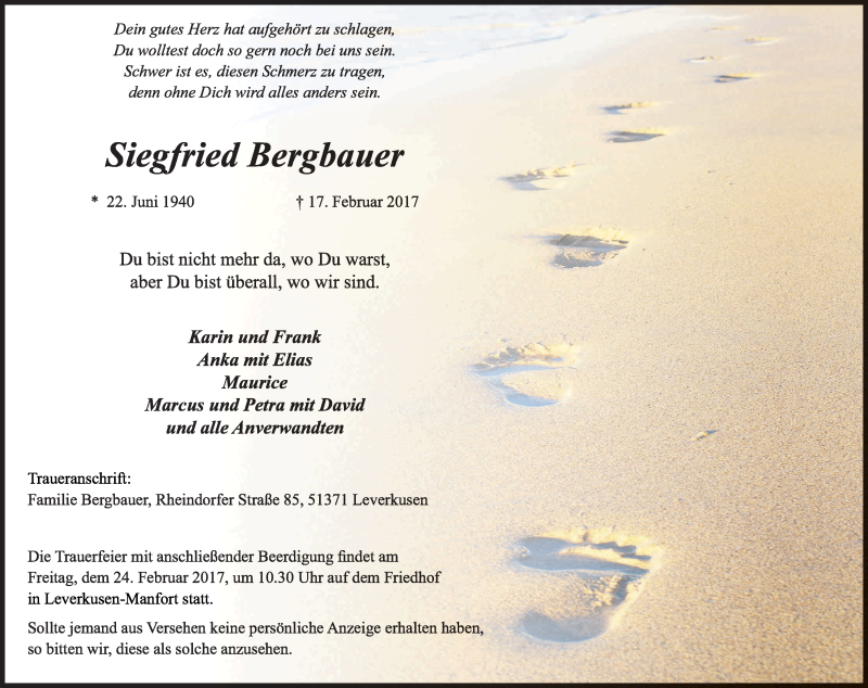  Traueranzeige für Siegfried Bergbauer vom 21.02.2017 aus Kölner Stadt-Anzeiger / Kölnische Rundschau / Express